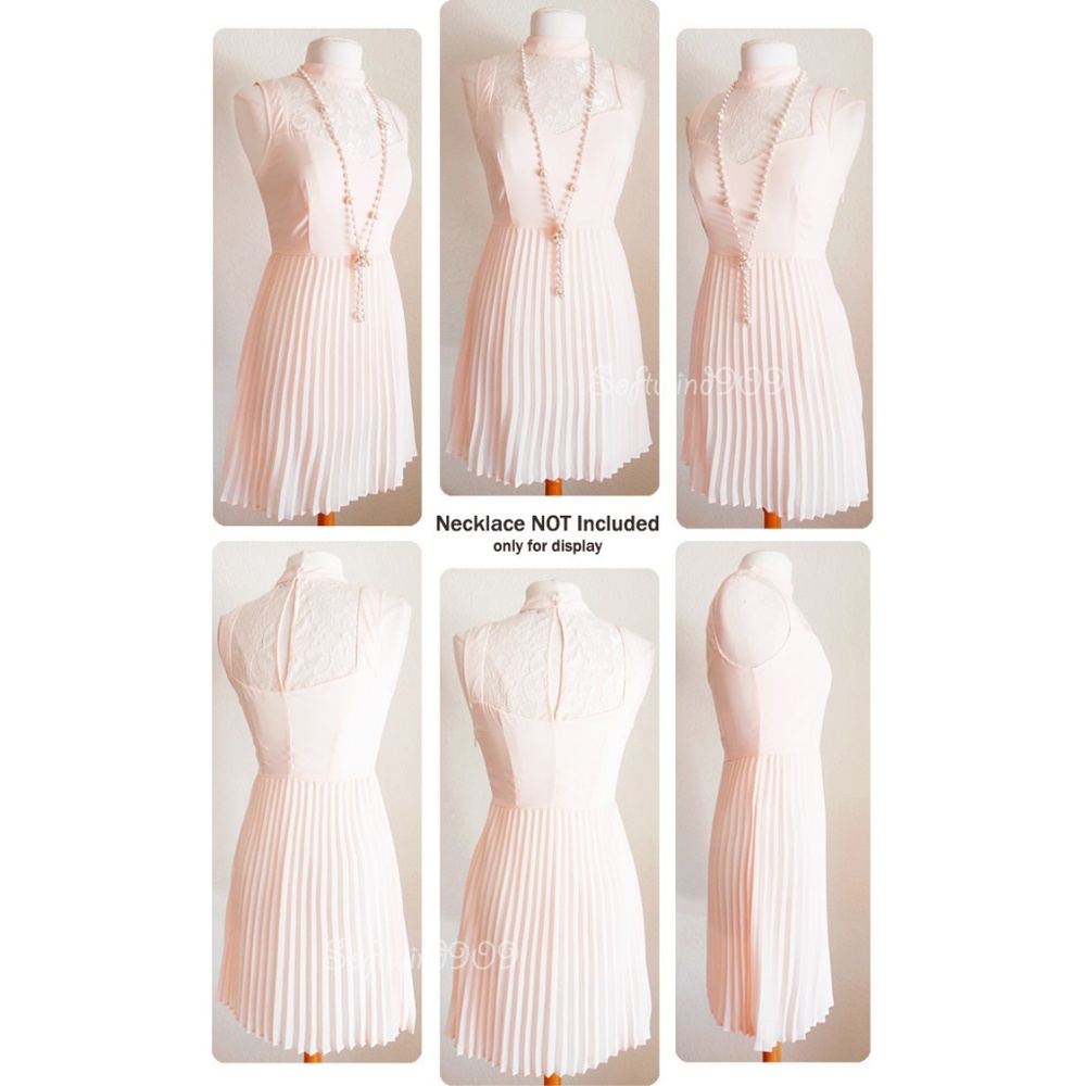 Pale Pink Lace Inset Mock Neck Knife Pleated Dress - Picture 7 of 8